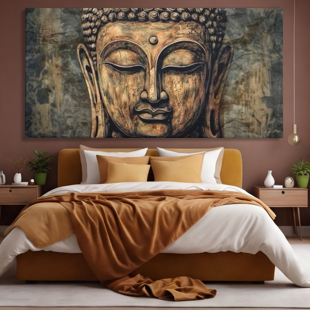Tablou canvas cu tablou canvas cu capul lui buddha, fara rama, pe sasiu de lemn, pe perete intr-un dormitor